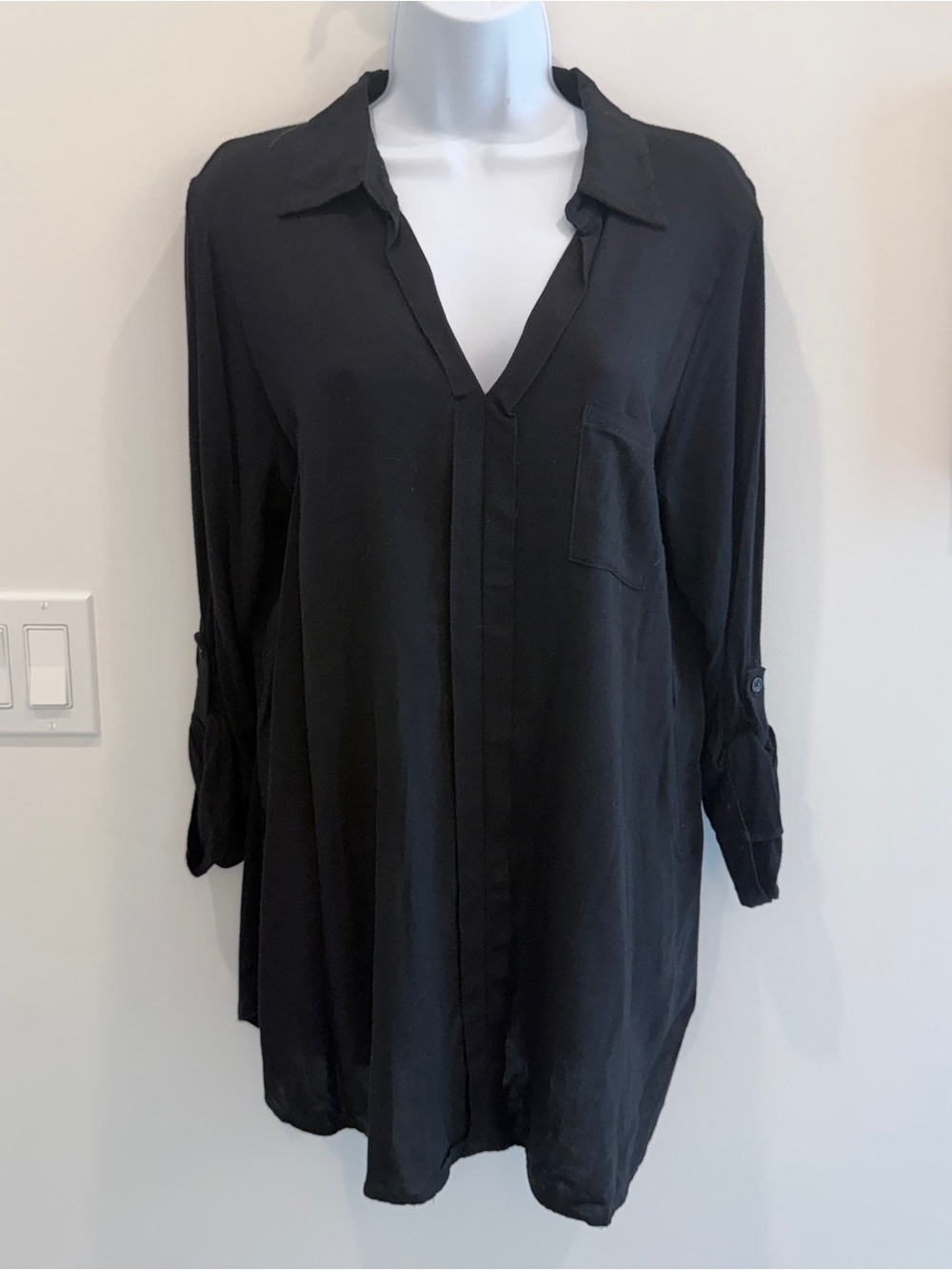 Pleione Black V-Neck Tunic with Chest Pocket